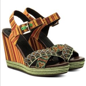 Geox Orange and Green Wedge Sandals with Ethnic Design